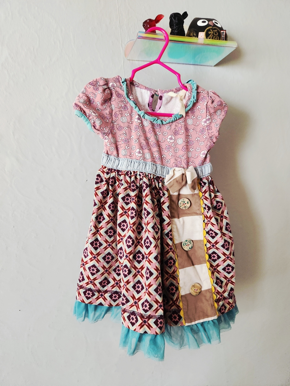 Matilda Jane Pink Dress with Teal Trim and Patterned Skirt